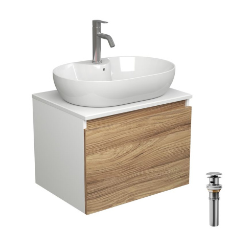 Комплект для ванной, 4 предмета (Тумба подвесная Bau Blackwood 60 + Раковина BAU 60х42, с отв. под см-ль, Смеситель Dream, нерж. сталь, выпуск)