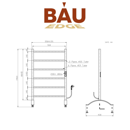 Полотенцесушитель дизайнерский электрический BAU Stil Floor Gun Grey 90х50, темно-серый металлик