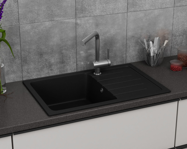 Мойка для кухни оборачиваемая с крылом BAU Stil Black coal 75х50, выпуск с сифоном в комплекте, черный уголь