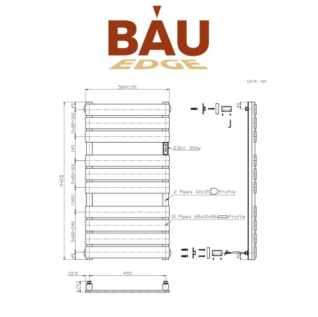 Полотенцесушитель дизайнерский электрический BAU Spectrum Black 94х50, подключение справа, черный матовый