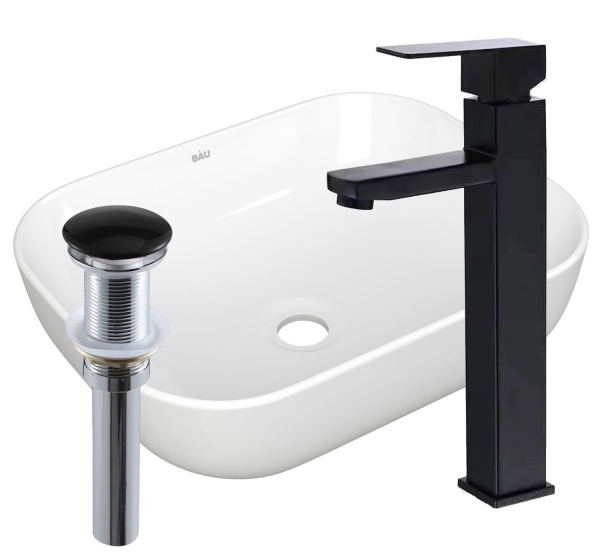 Раковина накладная со смесителем и выпуском (прямоугольная BAU Stil 50х40, белая + смеситель Hotel Black, черный, выпуск клик-клак черный)