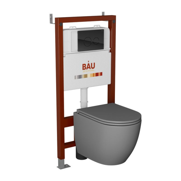 Комплект BAU 6 в 1: инсталляция BAU PRO, унитаз подвесной безободковый торнадо обратного потока Bau Dream 52х36 Hurricane-2, сиденье дюропласт микролифт, кнопка смыва из стекла BAU Dream, черная