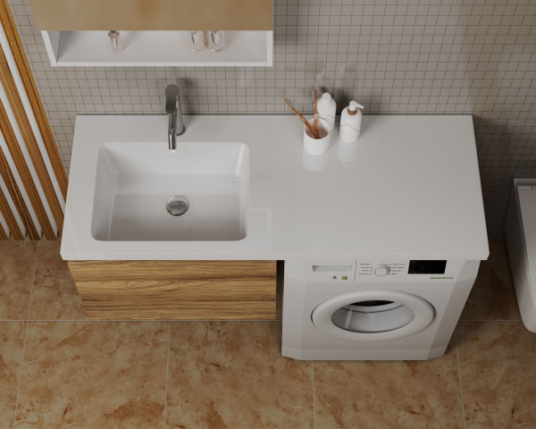 Раковина над стиральной машиной BAU Bloom 120х50, литьевой мрамор в комплекте с кронштейнами и сифоном белый глянец, левая