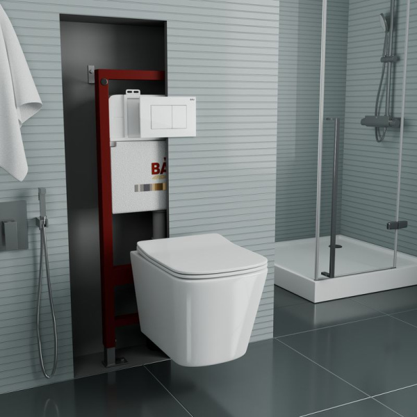 Комплект BAU 6 в 1: инсталляция BAU PRO, Унитаз подвесной безободковый Bau Stil 49x35, сиденье дюропласт микролифт, клавиша BAU Stil, белый глянец