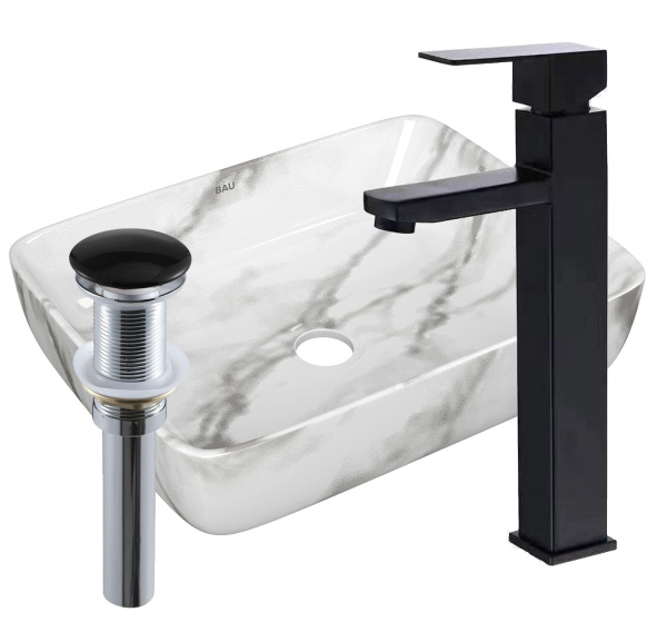 Раковина накладная со смесителем и выпуском (прямоугольная BAU Hotel 48х37, мрамор + смеситель Hotel Black, черный, выпуск клик-клак черный)