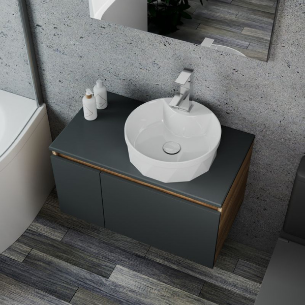 Комплект для ванной, 4 предмета (Тумба подвесная Bau Blackwood 80 графит + Раковина BAU D40, с отв. под см-ль + Смеситель Hotel Still, выпуск белый)