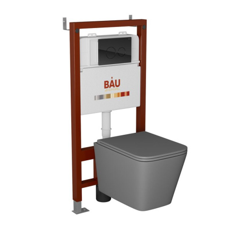 Комплект BAU 6 в 1: инсталляция BAU PRO, унитаз подвесной безободковый торнадо обратного потока Bau Stil Hurricane-2, сиденье дюропласт микролифт, кнопка смыва из стекла BAU Dream, черная