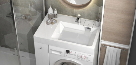 Раковина над стиральной машиной BAU Hotel Pro 80х55, литьевой мрамор в комплекте с кронштейнами и сифоном, белый глянец