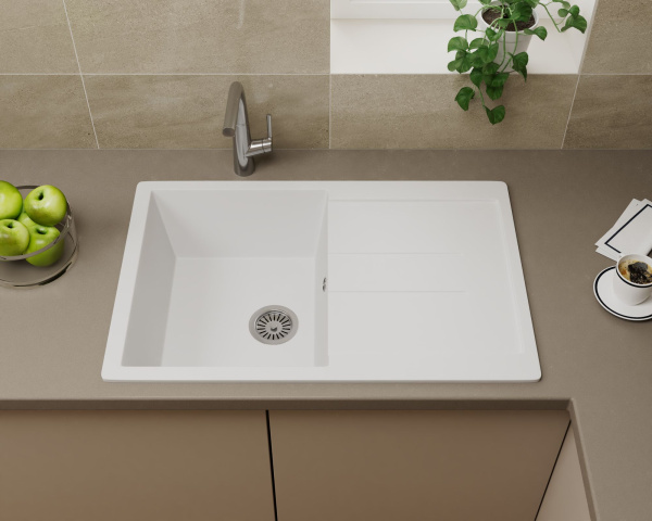 Мойка для кухни оборачиваемая с крылом BAU Stil White snow 77х50, выпуск с сифоном в комплекте, белый снег