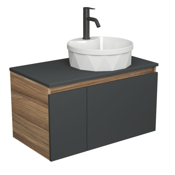 Комплект для ванной, 3 предмета (Тумба подвесная Bau Blackwood 80 графит + Раковина BAU D40, с отв. под см-ль, Смеситель Dream Black, черный)