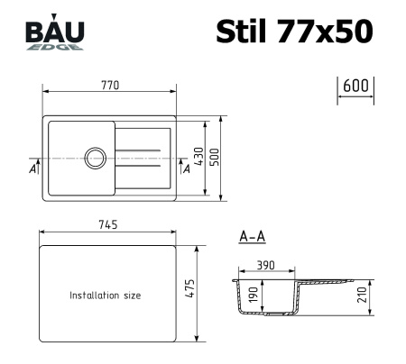 Мойка для кухни оборачиваемая с крылом BAU Stil Black stone 77х50, выпуск с сифоном в комплекте, черный камень