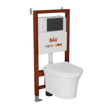 Комплект BAU 6 в 1: инсталляция BAU PRO, унитаз подвесной безободковый Bau Spectrum PRO, быстросъемное сиденье микролифт, кнопка смыва BAU Soul, черная матовая