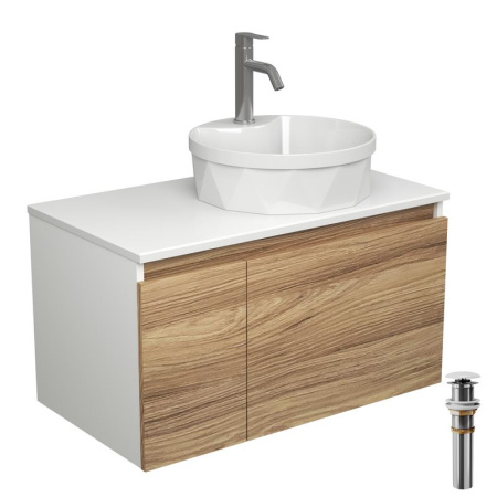 Комплект для ванной, 4 предмета (Тумба подвесная Bau Blackwood 80 + Раковина BAU D40, с отв. под см-ль + Смеситель Dream, нерж. сталь, выпуск белый)