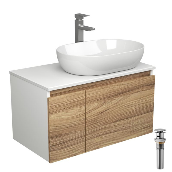 Комплект для ванной, 4 предмета (Тумба подвесная Bau Blackwood 80 + Раковина BAU 59х40, Смеситель высокий Hotel Still, нерж. сталь, выпуск)