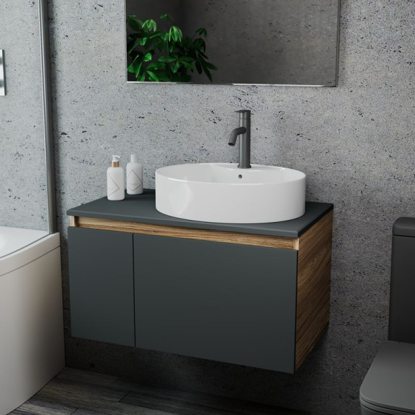 Комплект для ванной, 3 предмета (Тумба подвесная Bau Blackwood 80 графит + Раковина BAU 51х41, с отв. под см-ль, Смеситель Dream Black, черный)