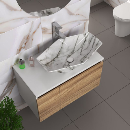 Комплект для ванной, 4 предмета (Тумба подвесная Bau Blackwood 80 + Раковина BAU 64х40, мрамор + Смеситель Hotel Still, нерж. сталь, выпуск белый)