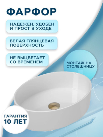 Раковина накладная на столешницу BAU Nimb овальная 50х36, белая, выпуск клик клак, бронза