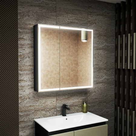 Зеркало-шкаф Bau Elite 80х80 Black Edition Soft touch, LED, сенсор, розетка, черный оборачиваемый