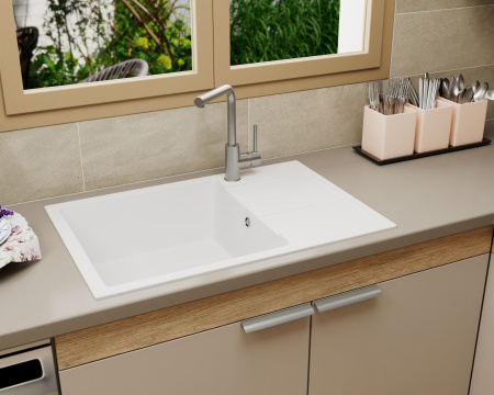 Мойка для кухни оборачиваемая с крылом BAU Stil White snow 76х50, выпуск с сифоном в комплекте, белый снег