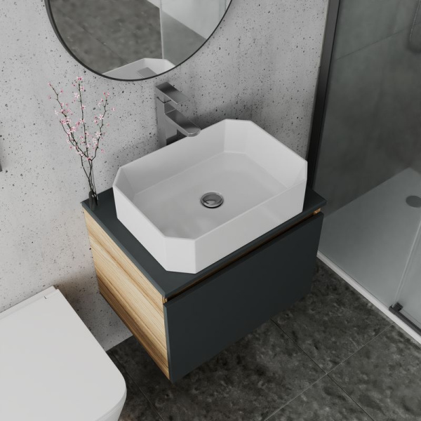 Комплект для ванной, 4 предмета (Тумба подвесная Bau Blackwood 60 графит + Раковина BAU Hotel 51х37, Смеситель Hotel Still, нерж. сталь, выпуск)