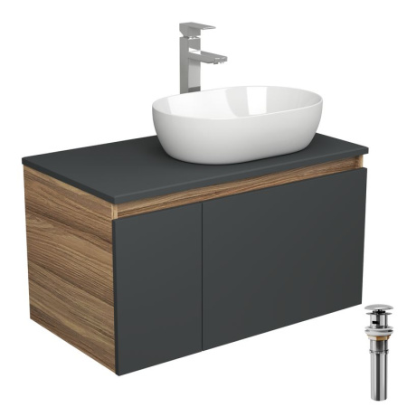 Комплект для ванной, 4 предмета (Тумба подвесная Bau Blackwood 80 графит + Раковина BAU 48х34, Смеситель высокий Hotel Still, нерж. сталь, выпуск)