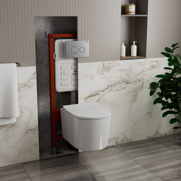 Комплект BAU 6 в 1: усиленная инсталляция BAU IDEAL, унитаз подвесной безободковый Bau Hotel PRO, сиденье микролифт, клавиша BAU Wheel антивандальная, нерж. сталь брашированная