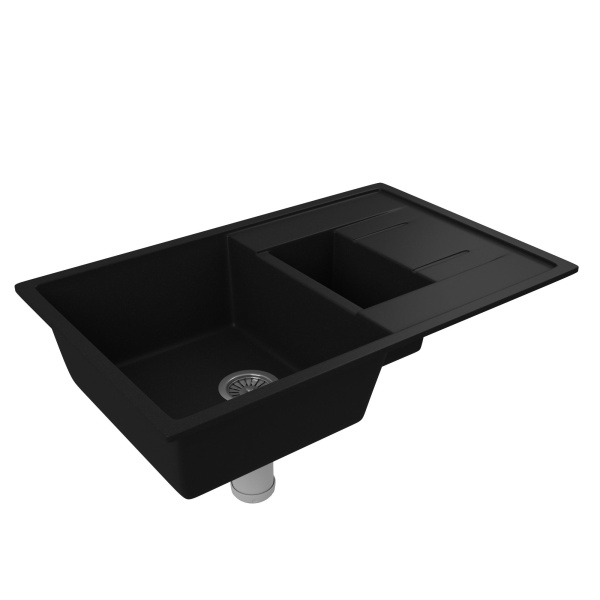 Мойка для кухни оборачиваемая полуторная чаша с крылом BAU Stil Black coal 77х50, выпуск с сифоном в комплекте, черный уголь