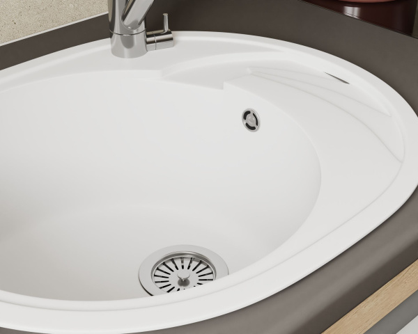Мойка для кухни оборачиваемая овальная BAU Nimb White snow 58х47, выпуск с сифоном в комплекте, белый снег
