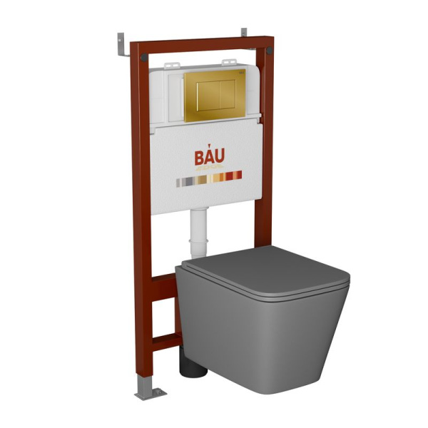 Комплект BAU 6 в 1: инсталляция BAU PRO, унитаз подвесной безободковый торнадо Bau Stil Hurricane-2, сиденье микролифт,темно-серый матовый, клавиша BAU Stil, золото
