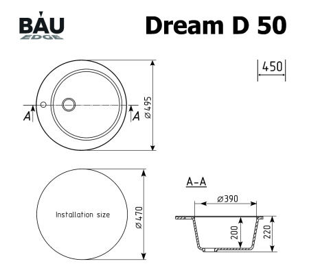 Мойка для кухни BAU Dream Gray stone D 50, выпуск с сифоном в комплекте, серый камень