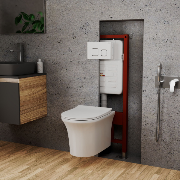 Комплект BAU 6 в 1: усиленная инсталляция BAU IDEAL, унитаз подвесной безободковый Bau Spectrum PRO, сиденье микролифт, клавиша BAU Strike, белая/хром