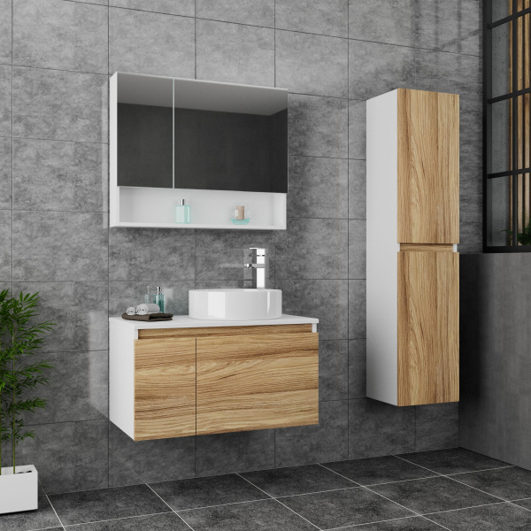 Комплект для ванной, 3 предмета (Тумба Bau Dream Blackwood 80, раковина BAU Dream круглая D41, смеситель для раковины высокий Hotel Still, нержавеющая сталь)