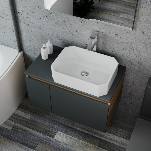 Комплект для ванной, 4 предмета (Тумба подвесная Bau Blackwood 80 графит + Раковина BAU Hotel 51х37, Смеситель Hotel Still, нерж. сталь, выпуск)