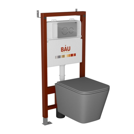 Комплект BAU 6 в 1: инсталляция BAU PRO, унитаз подвесной безободковый торнадо обратного потока Bau Stil Hurricane-2, сиденье микролифт, темно-серый матовый, клавиша BAU Dream, хром