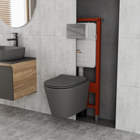 Комплект BAU 6 в 1: усиленная инсталляция BAU IDEAL, унитаз подвесной безободковый Bau Nimb темно-серый матовый, сиденье дюропласт микролифт, клавиша BAU Light антивандальная, нерж. сталь хром
