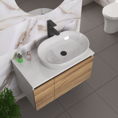 Комплект для ванной, 4 предмета (Тумба подвесная Bau Blackwood 80 + Раковина BAU 59х40 + Смеситель высокий Hotel Black, черный, выпуск черный)