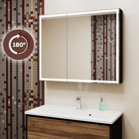 Зеркало-шкаф Bau Elite 100х80 Black Edition Soft touch, LED, сенсор, розетка, черный, оборачиваемый