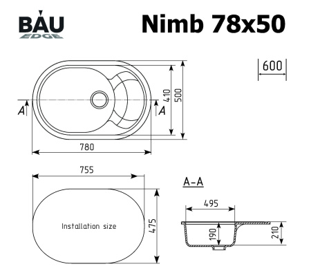 Мойка для кухни оборачиваемая овальная BAU Nimb Black coal 78х50, выпуск с сифоном в комплекте, черный уголь