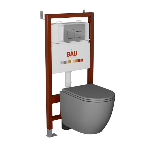 Комплект BAU 6 в 1: инсталляция BAU PRO, унитаз подвесной безободковый торнадо обратного потока Bau Dream 52х36 Hurricane-2, сиденье дюропласт микролифт, кнопка смыва BAU Soul, хром