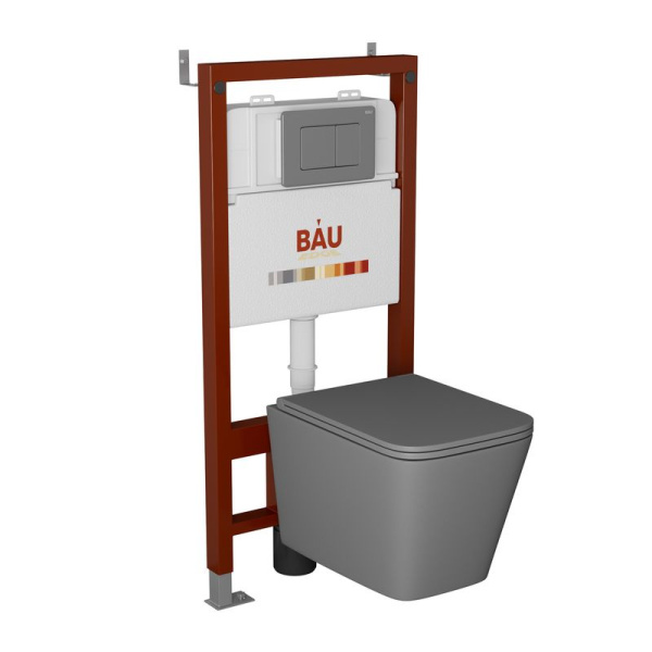 Комплект BAU 6 в 1: инсталляция BAU PRO, унитаз подвесной безободковый торнадо Bau Stil Hurricane-2, сиденье микролифт,темно-серый матовый, клавиша Stil Gun Grey, темно-серый металлик