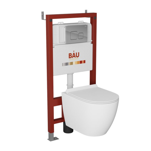 Комплект BAU 6 в 1: инсталляция BAU PRO, унитаз подвесной безободковый Bau Dream PRO, сиденье дюропласт микролифт, кнопка смыва BAU Soul для инсталляции, хром