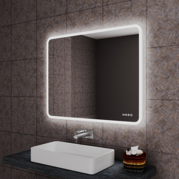 Зеркало с часами и LED подсветкой Bau Stil 100х70, сенсорное управление, пластиковый защитный корпус