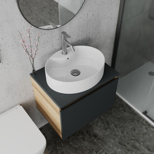 Комплект для ванной, 4 предмета (Тумба подвесная Bau Blackwood 60 графит + Раковина BAU 51х41, с отв. под см-ль, Смеситель Dream, нерж. сталь, выпуск)