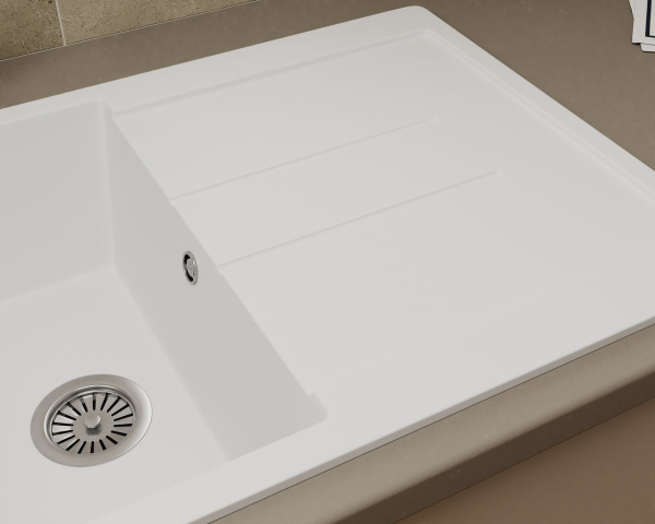 Мойка для кухни оборачиваемая с крылом BAU Stil White snow 77х50, выпуск с сифоном в комплекте, белый снег