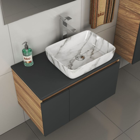 Комплект для ванной, 4 предмета (тумба Bau 80, графит + раковина BAU Hotel 48х37 + смеситель Hotel Still, выпуск клик-клак, хром)