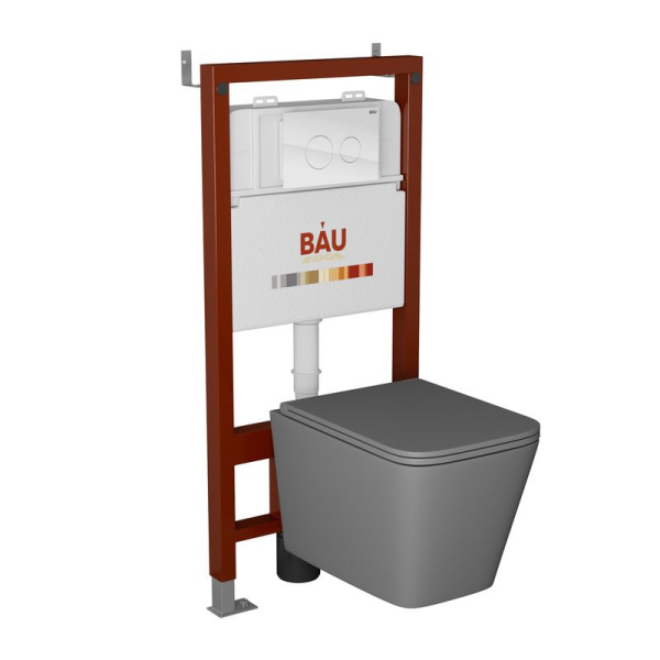 Комплект BAU 6 в 1: инсталляция BAU PRO, унитаз подвесной безободковый торнадо обратного потока Bau Stil Hurricane-2, сиденье микролифт, темно-серый матовый, клавиша из стекла BAU Dream, белая