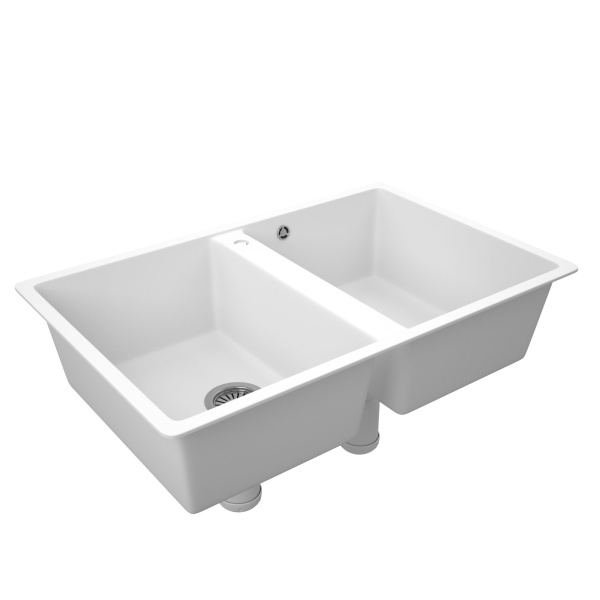 Мойка для кухни двойная чаша BAU Stil White snow 77х50, выпуск с сифоном в комплекте, белый снег