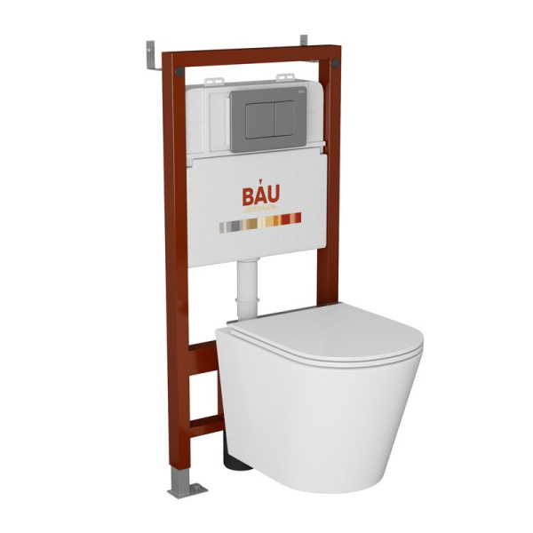 Комплект BAU 6 в 1: инсталляция BAU PRO, унитаз подвесной безободковый Bau Nimb LUX, сиденье дюропласт микролифт со вставкой из нержавеющей стали, кнопка смыва Stil Gun Grey, темно-серый металлик