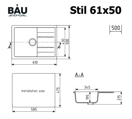 Мойка для кухни оборачиваемая с крылом BAU Stil Gray stone 61х50, выпуск с сифоном в комплекте, серый камень