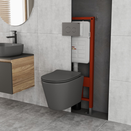 Комплект BAU 6 в 1: усиленная инсталляция BAU IDEAL, унитаз подвесной безободковый Bau Nimb темно-серый матовый, сиденье дюропласт микролифт, клавиша BAU Wheel антивандальная, нерж сталь брашированная